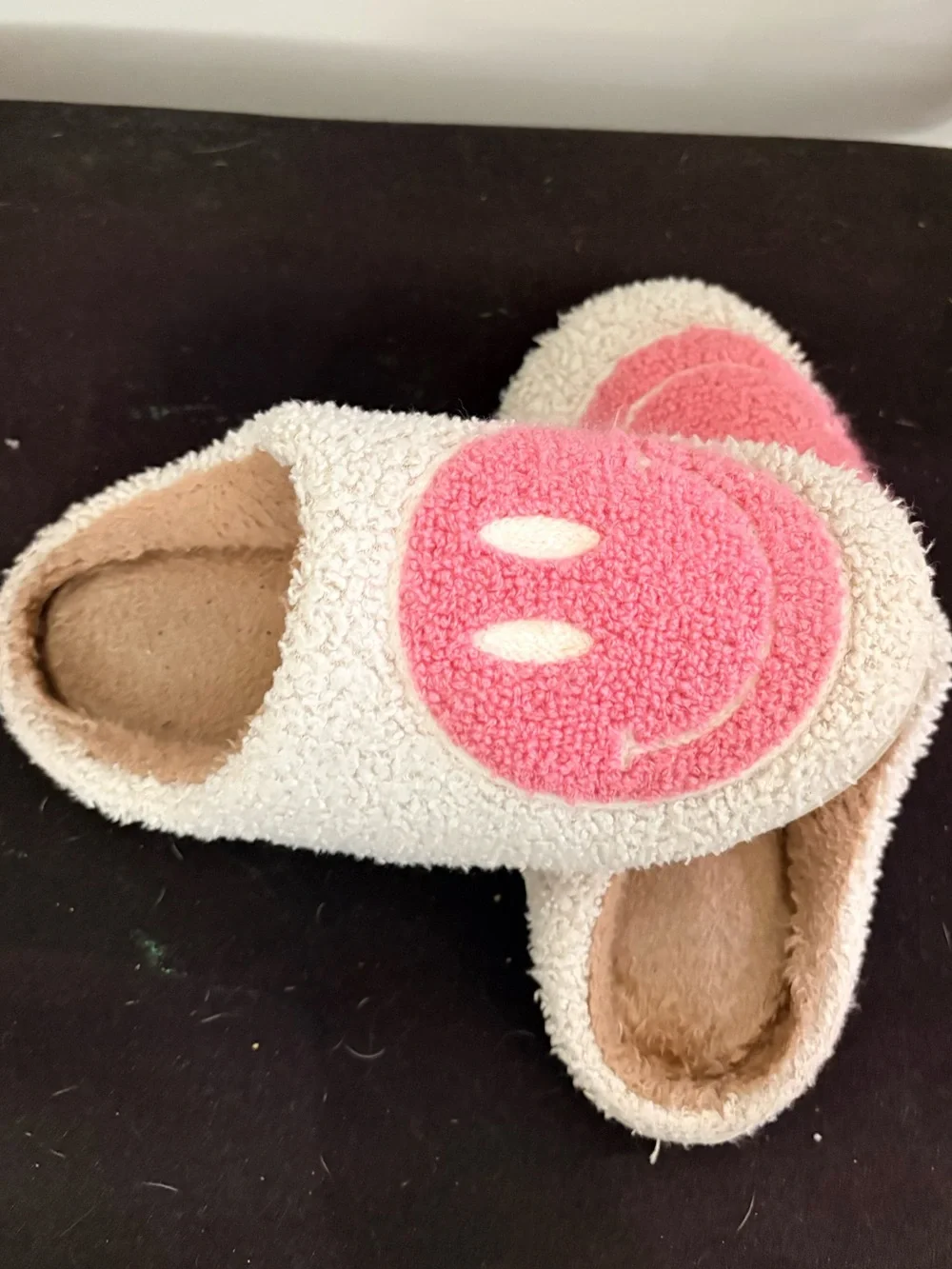 Women’s White Fuzzy Slippers with Pink Smiley Face - Cozy Slip-On